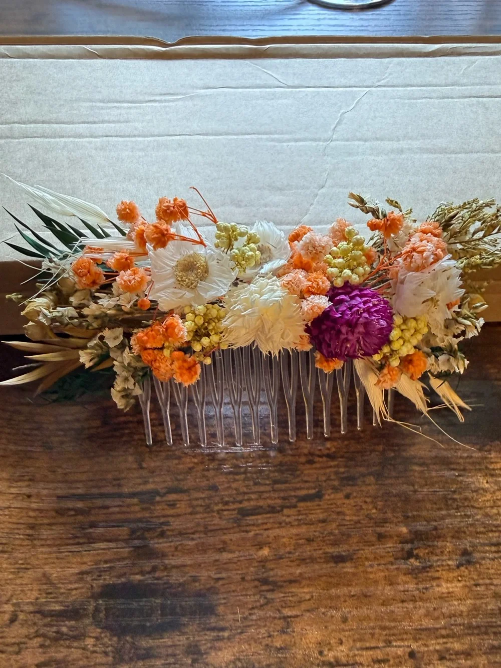 Dried Floral Hair Comb in Orange, White & Purple